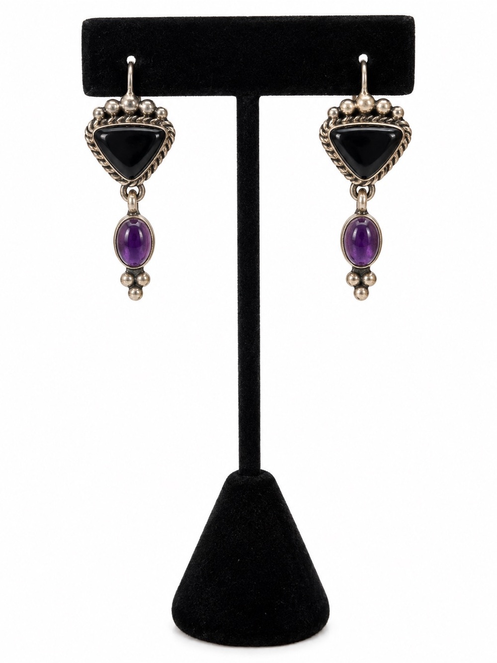 Sterling Silver Black & Purple Stone Dangle Earrings 7g